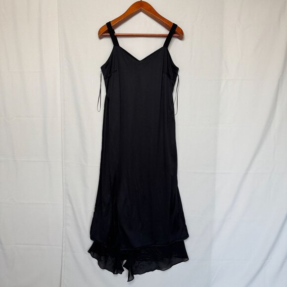 90s Vintage R&M Richards Black Chiffon Beaded Ruffle Slit Cocktail Midi Dress - Picture 10 of 13